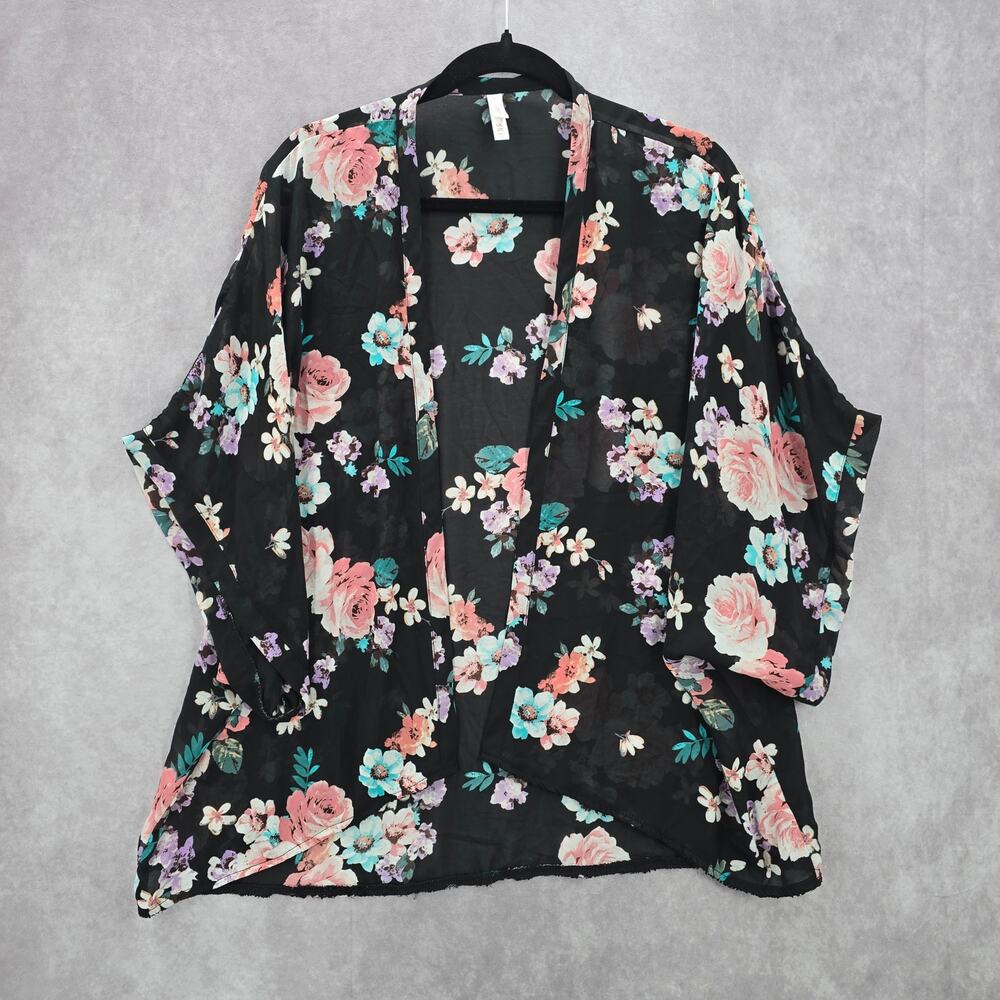 Xhilaration Black Floral Sheer Boho Flowy Beach Swim Cover Up Duster Kimono L/XL